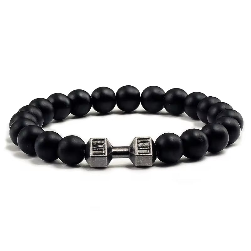 Natural Volcanic Stone Bracelet Men Matte Black Lave White Beads Charm Dumbbell Strand Bracelets Women Barbell Fitness Jewelry